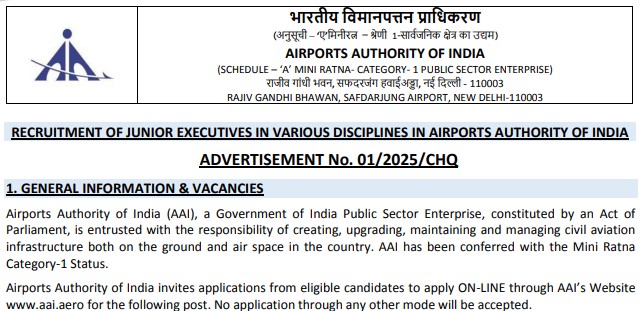 AAI Junior Executive Recruitment 2025 Notification