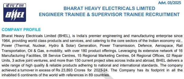 BHEL Engineer and Supervisor Trainee Recruitment 2025 Notification