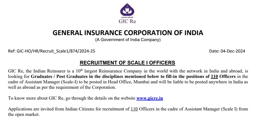 GIC Assistant Manager Recruitment 2024 Notification