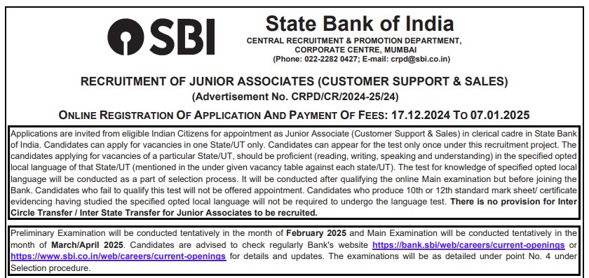 SBI Junior Associate Recruitment 2025 Notification