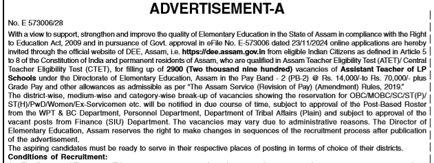 Assam LP UP Teacher Recruitment 2025 Notification