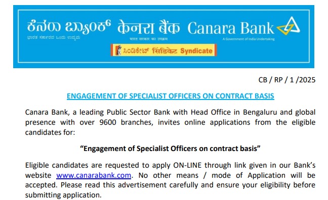 Canara Bank SO Recruitment 2025 Notification