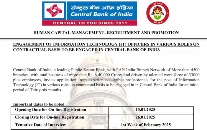 Central Bank of India IT Officer Recruitment 2025 Notification