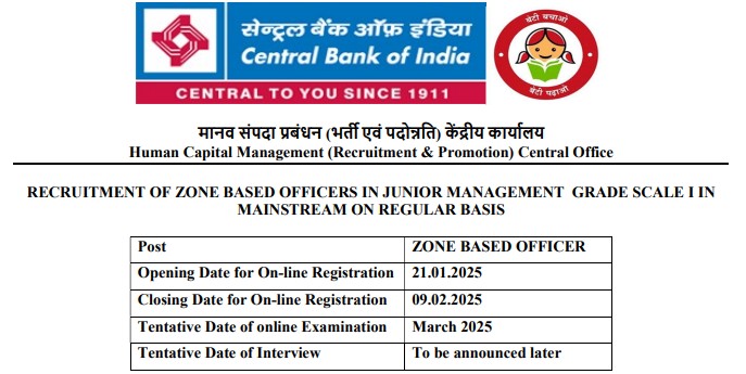 Central Bank of India Zone Based Officer Recruitment 2025 Notification