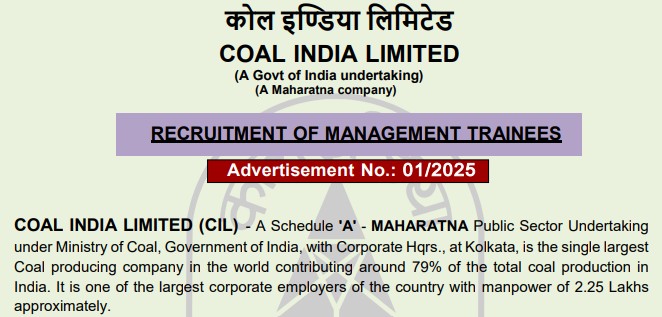 Coal India Limited Management Trainee Recruitment 2025 Notification