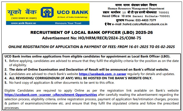 UCO Bank LBO Recruitment 2025 Notification