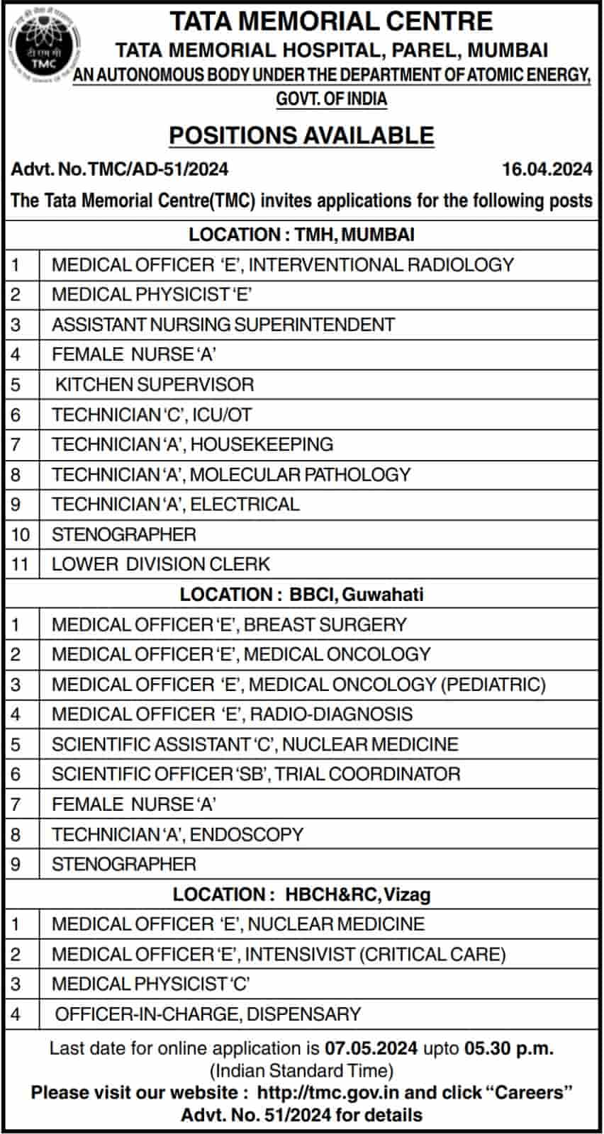 Tata Memorial Hospital Vacancy Details