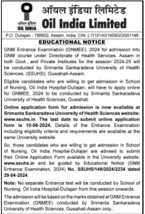 Duliajan Oil India Limited GNM Nursing Admission 2024