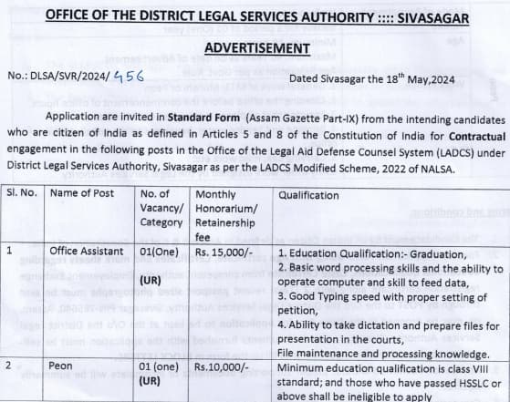 Sivasagar Judiciary Recruitment 2024 Advertisement