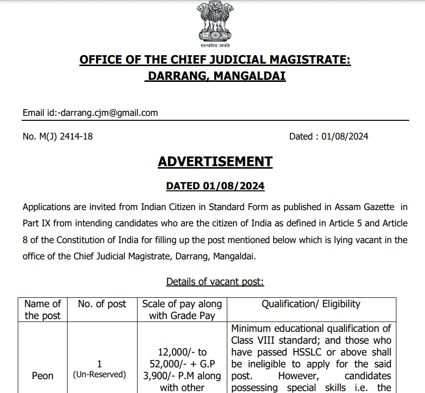 Chief Judicial Megistrate Darrang Recruitment 2024 Advt