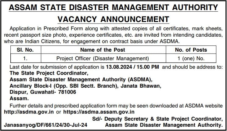 ASDMA Project Officer Recruitment 2024 Advt