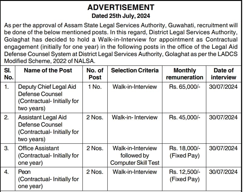 DLSA Golaghat Recruitment 2024 Advertisement