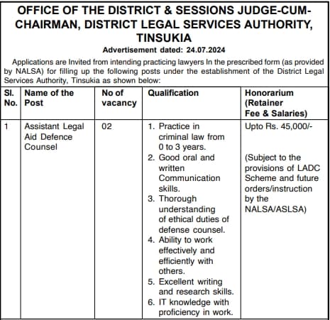 DLSA Tinsukia Recruitment 2024 Advertisement