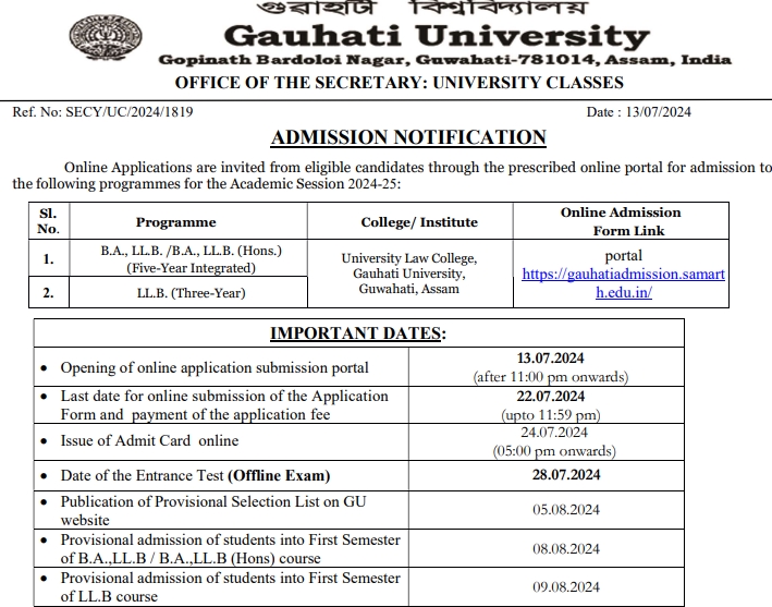 Gauhati University LLB and BA LLB Admission 2024 Notice