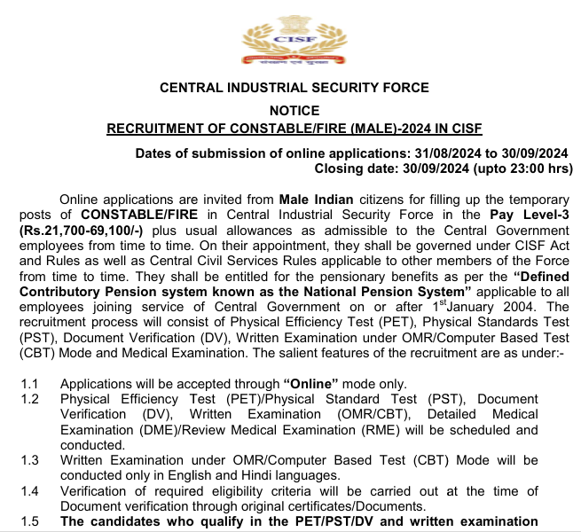 CISF Constable Fire Recruitment 2024 Notice