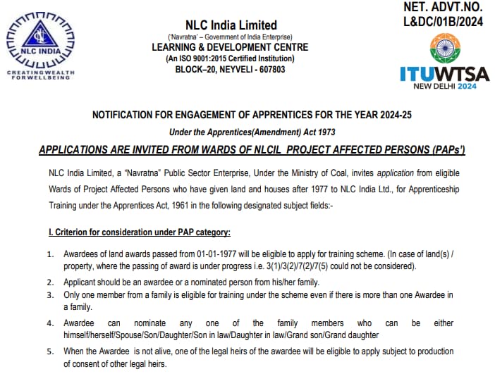 NLCIL India Apprentice Recruitment 2024 Notification