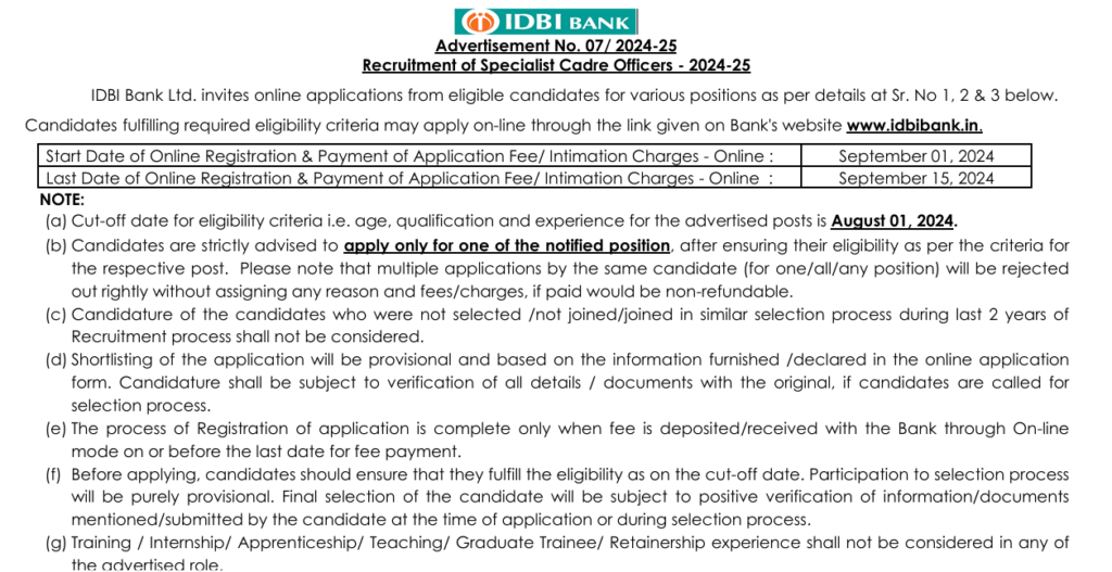 IDBI Specialist Officer Recruitment 2024 Notice