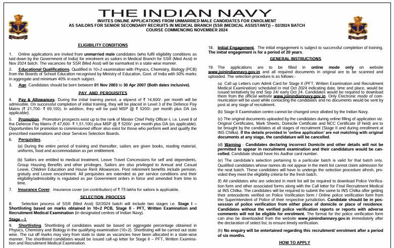 Indian Navy SSR Medical Assistant Recruitment 2024 Notification