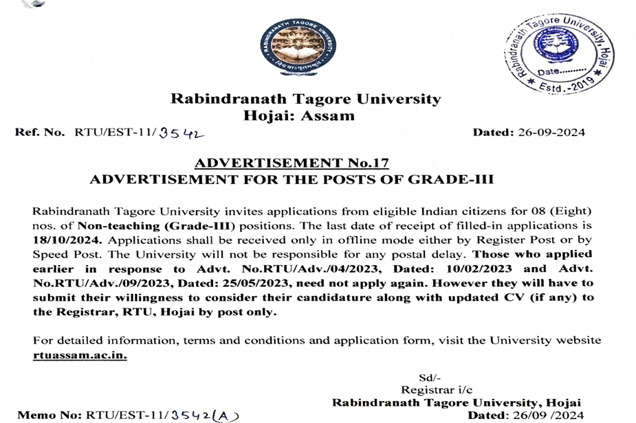 Rabindranath Tagore University Hojai Non Teaching Recruitment 2024 Notification