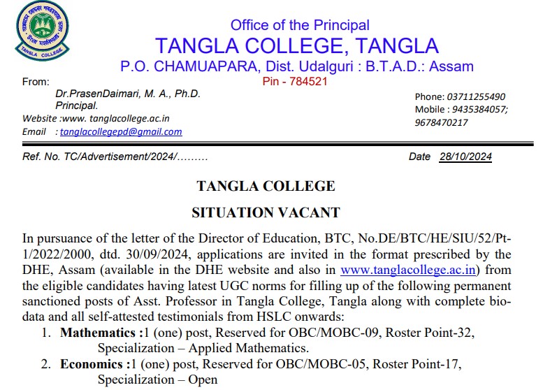 Tangla College Recruitment 2024 Notification