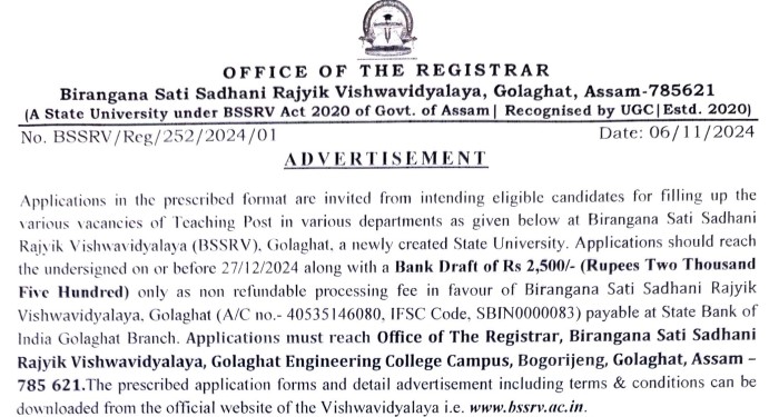 Birangana Sati Sadhani Rajyik Vishwavidyalaya Recruitment 2024 Notification