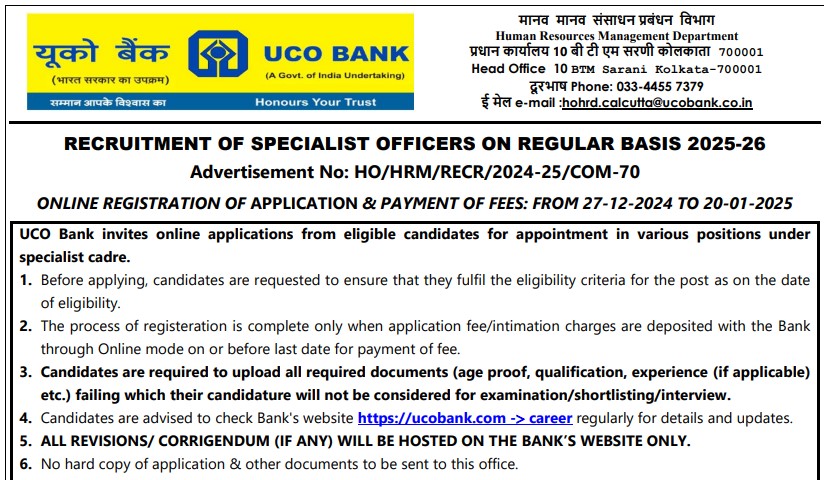 UCO Bank SO Recruitment 2025 Notification